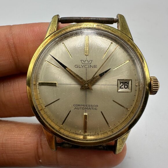 Glycine Compressor Automatic Watch Men Gold Tone Date Window 34mm No Band - Picture 1 of 9
